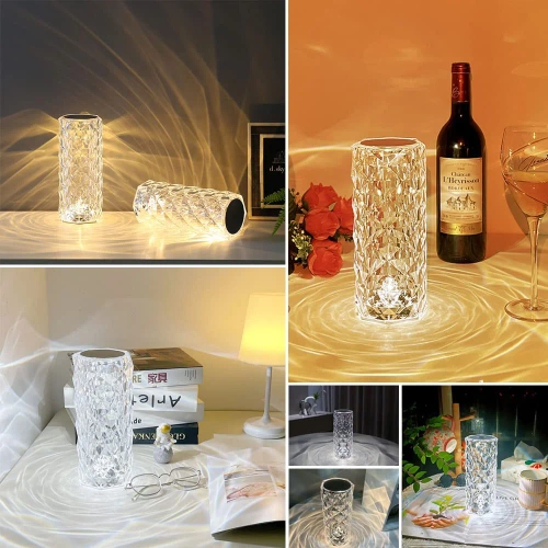 LED-Tischleuchte Kristalloptik | Rosenmuster, 3 Lichtfarben, Touchpanel, USB-C-Kabel, 2.000 mAh Akku | RPL-C03-W