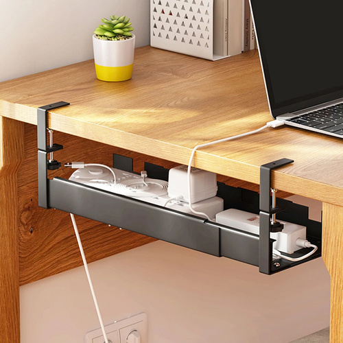 Verstellbarer Kabel-Organizer für Schreibtischunterbau 29-53 cm | Korb, Führung, Halterung | Schwarz | CWT-O3