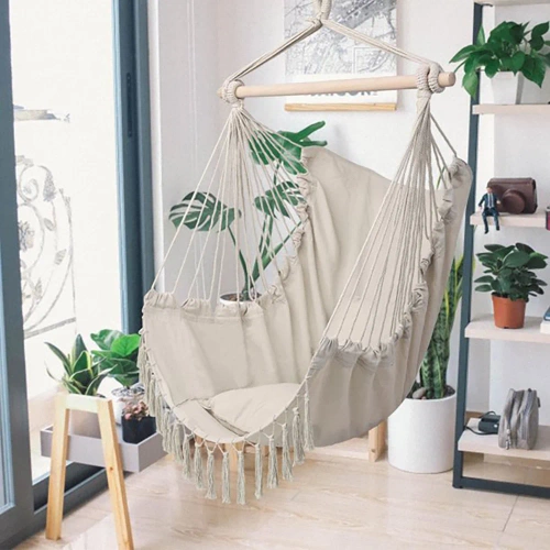 Hängesessel, brasilianischer Stuhl, Hängematte, Schaukel | 2 Kissen, Holzspreizstab, bis 120 kg | beige | ZY-V004