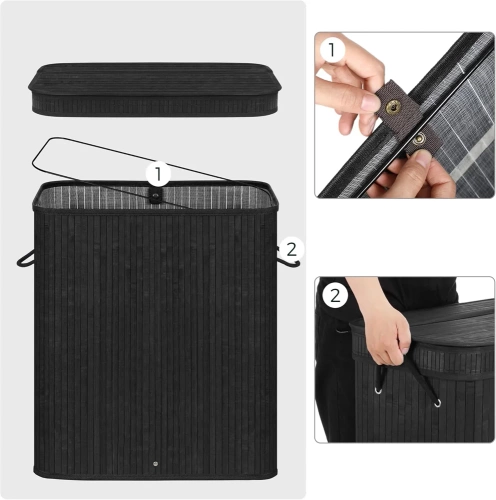 Wäschekorb | 100 l, zweigeteilt, aus Bambus und Holz, geeignet als Spielzeugbox oder Wäschebehälter für Badezimmer | schwarz | RYL-100L-BLACK