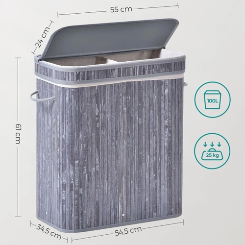 Grauer Wäschekorb | Bambus-Spielzeugkiste | Holzwäschekorb | Zweikammer-Wäschesammler für das Badezimmer | RYL-100L-GREY