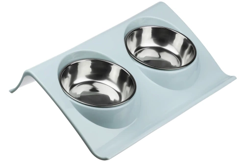 Hundenapf-Set oder Katzennapf-Set | Doppel-Futternäpfe aus Metall mit Halterung | Futternäpfe aus Edelstahl für Futter und Wasser | JDW-024-blue