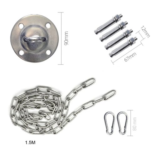Hängesessel-, Schaukel- und Hängematten-Befestigungsset | Halterung, 1,5m Kette, 2 Karabinerhaken, 4 Dübel | ACS-08-Silber