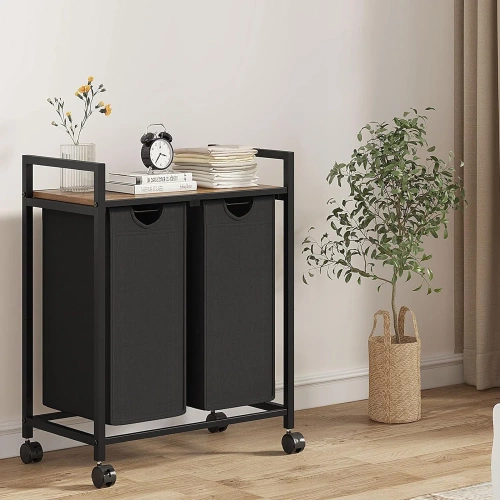 Wäschekorb mit Regal | Doppelfach-Wäschekorb | Wäschekorb mit Rollen | MZ-B20-BLACK