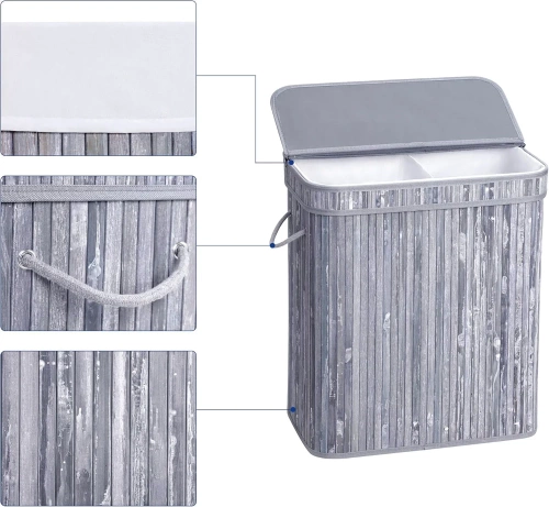 Grauer Wäschekorb | Bambus-Spielzeugkiste | Holzwäschekorb | Zweikammer-Wäschesammler für das Badezimmer | RYL-100L-GREY