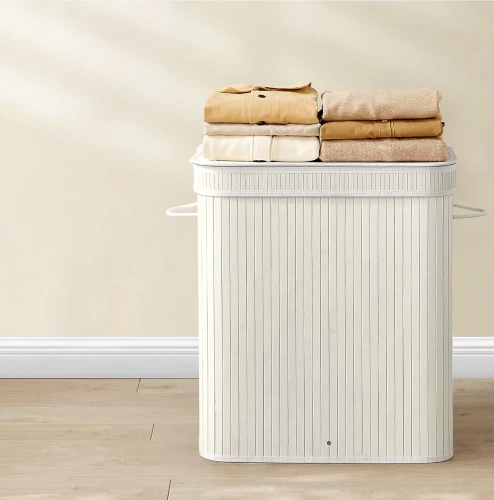 Wäschekorb | 100 l | zweigeteilt, aus Bambus und Holz, geeignet als Wäsche- oder Spielzeugbehälter für Bad | RYL-100L