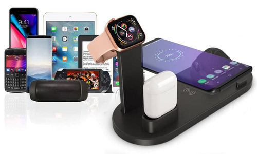 Wireless Dockingstation QI für Apple iPhone Airpods Watch | kabelloses Ladegerät 15W | 3 Stecker - USB-C / Lightning / Micro USB | WD-02